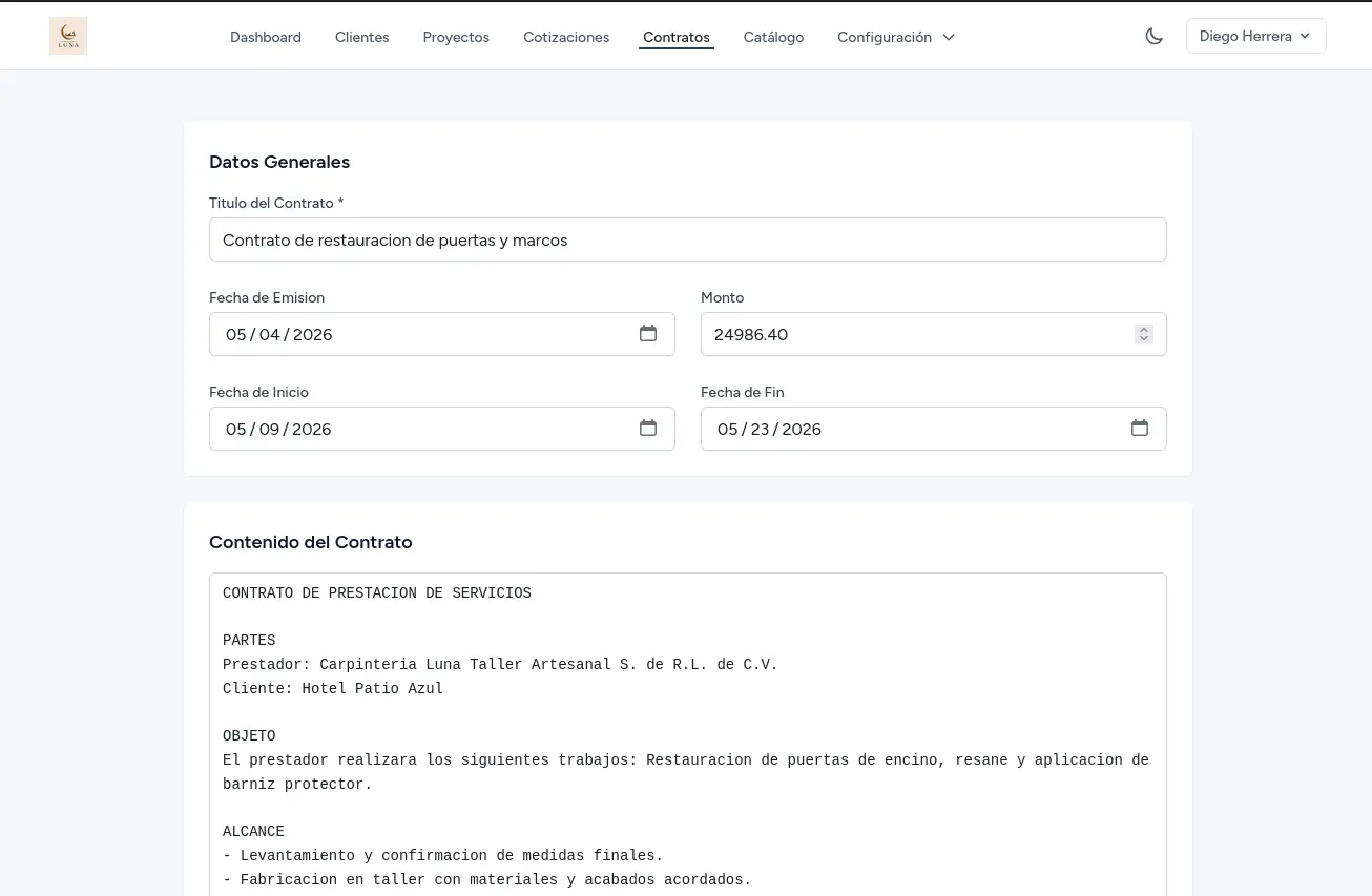 Contrato generado desde la app con datos del cliente y proyecto