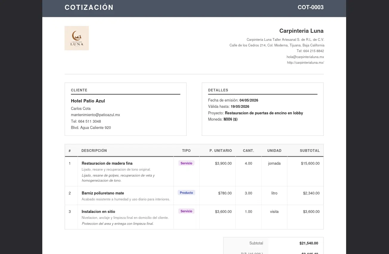 Cotización en PDF con logotipo y datos de empresa